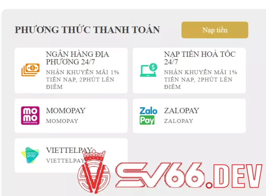 Thực hiện nạp tiền tại nhà cái SV66